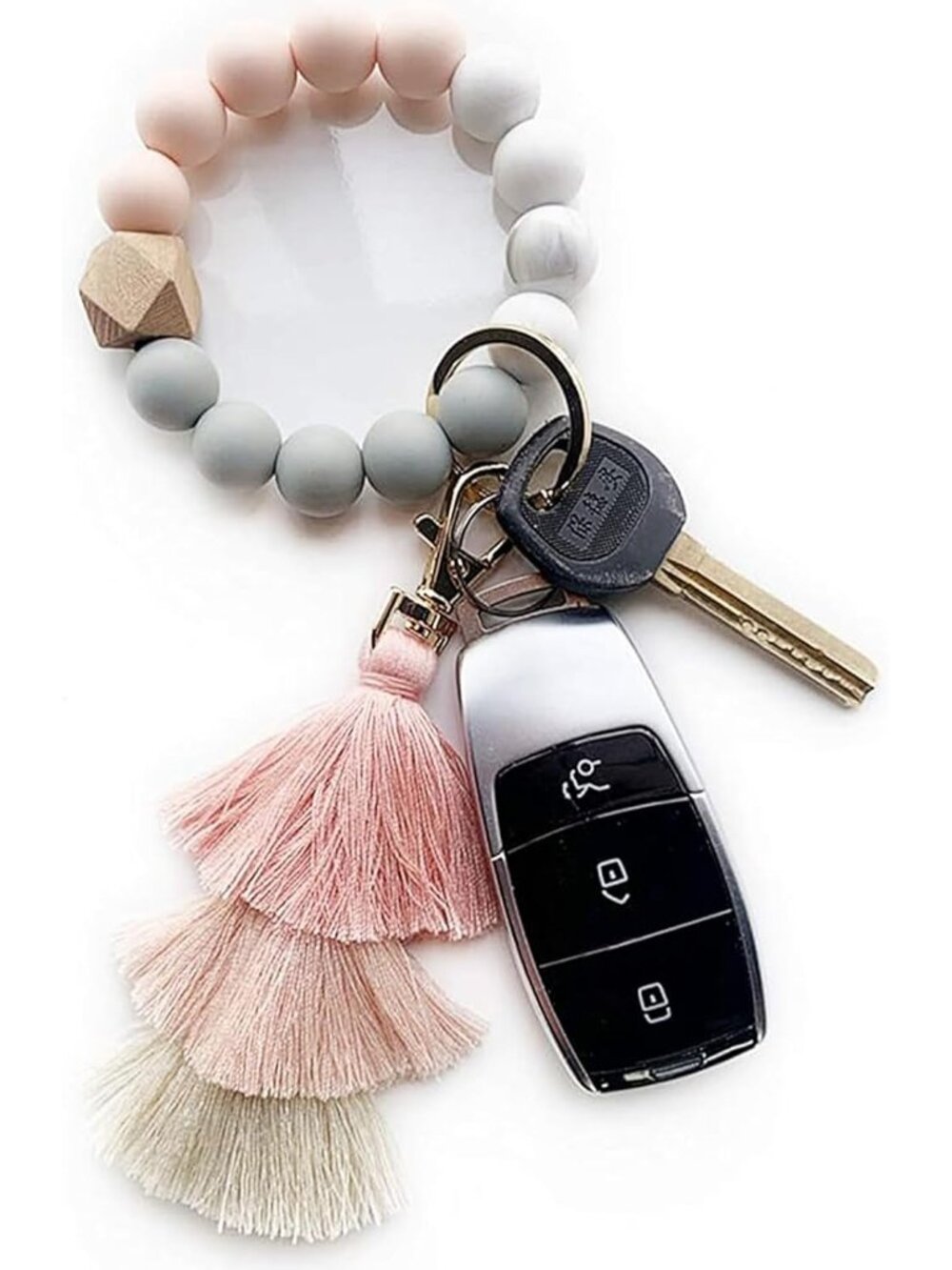 Beaded Keychain with Tassel, Silicone Key Ring Bracelet, Cute Boho Car Key Chain